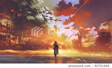 woman looking at the burning city woman looking at the burning city 40701889