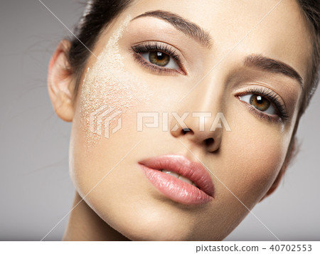 dry cosmetic makeup powder is on the female face. dry cosmetic makeup powder is on the female face. 40702553
