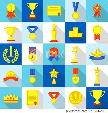 Medal trophy award prize icons set, flat style 40706260