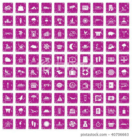 100 seaside resort icons set grunge pink 40706663