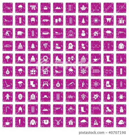 100 winter icons set grunge pink 40707198