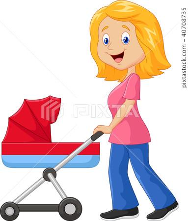 Cartoon a mother pushing a baby stroller - Stock Illustration [40708735] -  PIXTA