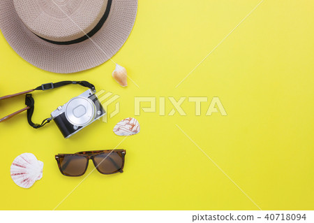 Table top view of summer & clothing travel beach. Table top view of summer & clothing travel beach. 40718094