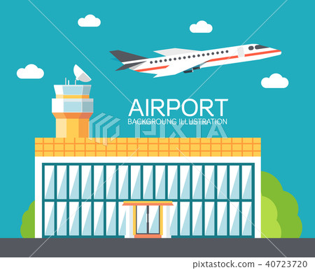 flat building airport with flying plane tour flat building airport with flying plane tour 40723720