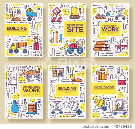 Thin line people at road works brochure cards set 40726428