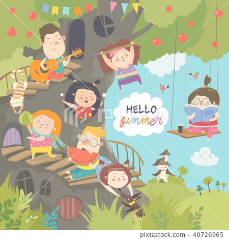 Children playing and having fun in the treehouse 40726965