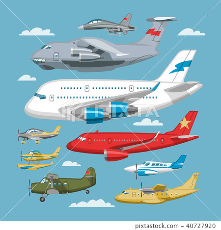 Plane vector aircraft or airplane and jet flight transportation in sky illustration aviation set of 40727920