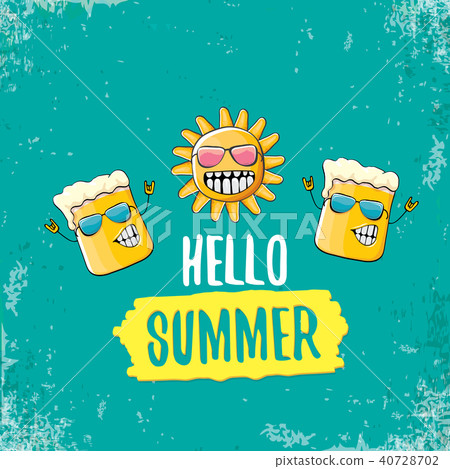vector cartoon funky beer glass character and summer sun isolated on azure background. Hello summer vector cartoon funky beer glass character and summer sun isolated on azure background. Hello summer 40728702