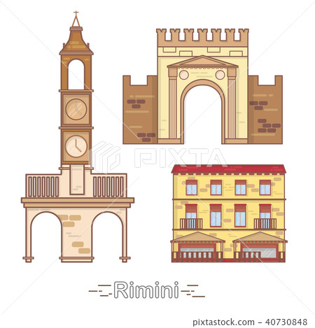 Italy, Rimini outline city buildings, linear illustration, travel landmark 40730848