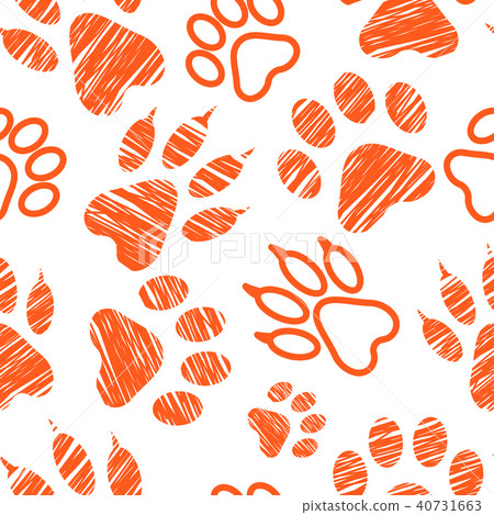 Seamless pattern with animal footprints, pet paw stamps on white background, hatched animal steps 40731663