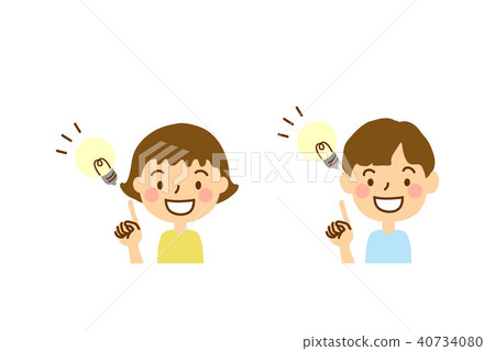 Primary school child 1 opening smile flashy finger pointing light bulb chest above 40734080