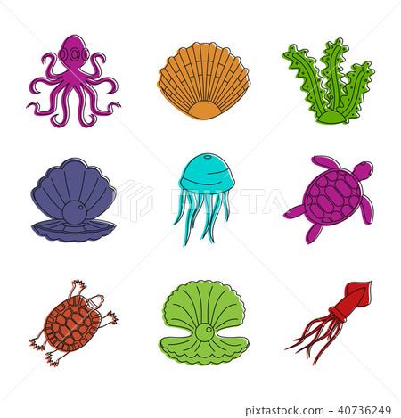 Sea creature icon set, color outline style Sea creature icon set, color outline style 40736249