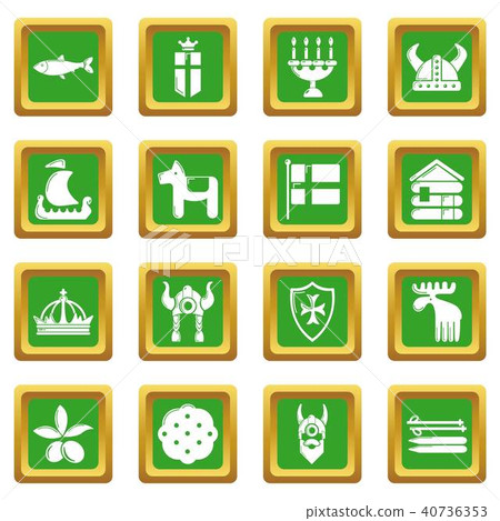 Sweden travel icons set green square vector Sweden travel icons set green square vector 40736353