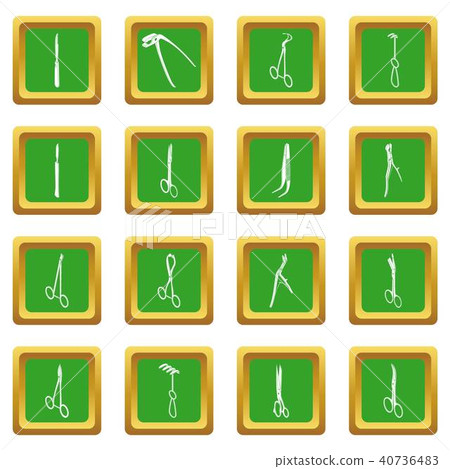 Surgeons tools icons set green square vector 40736483