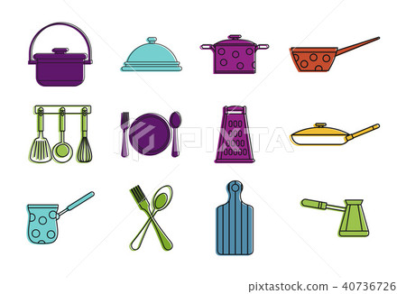Kitchen tool icon set, color outline style Kitchen tool icon set, color outline style 40736726