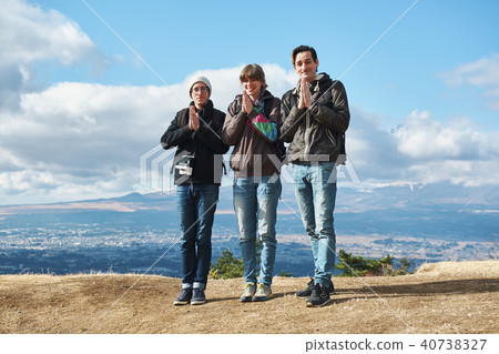 富士山外国人联合肖像画像 图库照片