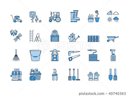06 Blue linear GARDENING icons set 40740363