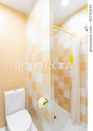 Bathroom with shower, toilet bowl and sink. Hotel standart bedroom. simple and stylish interior 40742641