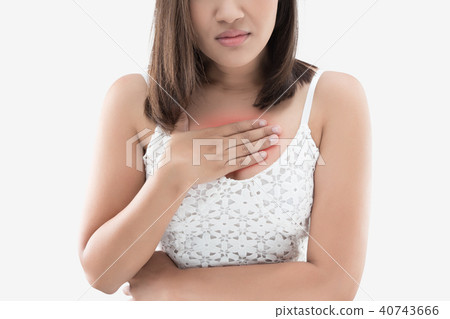 A woman suffering from heartburn on a gray background. 40743666