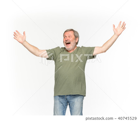 Closeup of senior man's body in empty green t-shirt isolated on white background. Mock up for disign Closeup of senior man's body in empty green t-shirt isolated on white background. Mock up for disign 40745529