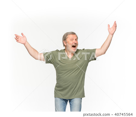 Closeup of senior man's body in empty green t-shirt isolated on white background. Mock up for disign Closeup of senior man's body in empty green t-shirt isolated on white background. Mock up for disign 40745564