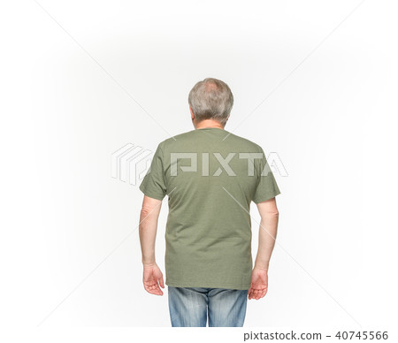 Closeup of senior man's body in empty green t-shirt isolated on white background. Mock up for disign Closeup of senior man's body in empty green t-shirt isolated on white background. Mock up for disign 40745566