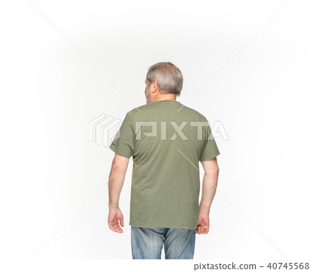 Closeup of senior man's body in empty green t-shirt isolated on white background. Mock up for disign Closeup of senior man's body in empty green t-shirt isolated on white background. Mock up for disign 40745568