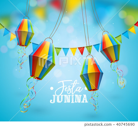 Festa Junina Illustration with Party Flags and Paper Lantern on Blue Background. Vector Brazil June 40745690