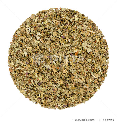 Dried basil, herb circle from above, over white Dried basil, herb circle from above, over white 40753665