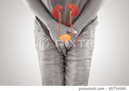 Man with hands holding her crotch. Human reproductive system. Fe Man with hands holding her crotch. Human reproductive system. Fe 40754998