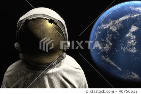 Astronaut on space mission flying around our blue planet. Earth on background. Cosmos. 3D rendering Astronaut on space mission flying around our blue planet. Earth on background. Cosmos. 3D rendering 40756612