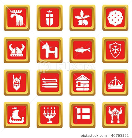 Sweden travel icons set red square vector Sweden travel icons set red square vector 40765331