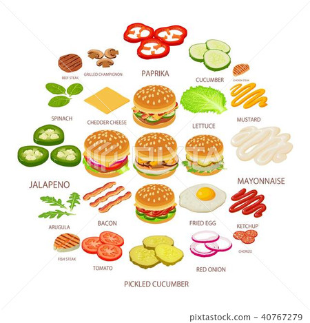 Burger ingredient icons set, isometric style 40767279