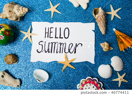Hello summer card with seaside related objects 40774411