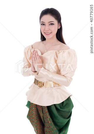 woman in Thai traditional dress is pay respect isolated on white 40779165
