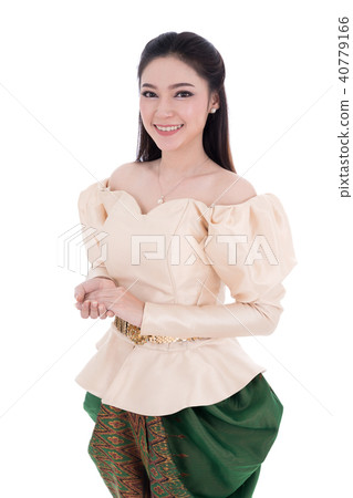 happy beautiful woman wearing Thai dress isolated on white backg 40779166