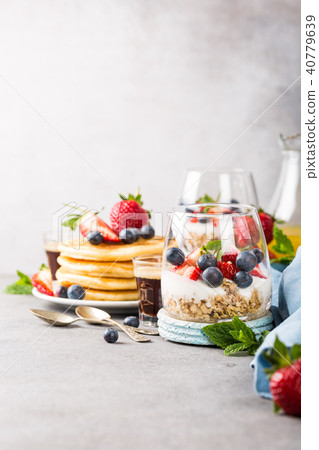 Breakfast with granola, pancakes and berries Breakfast with granola, pancakes and berries 40779639