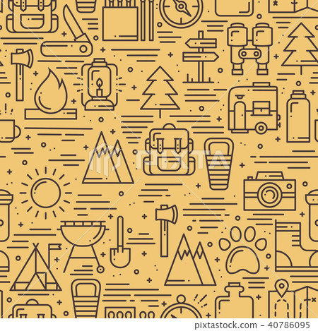 Hiking and Camping Seamless Pattern in Line... - Stock Illustration ...