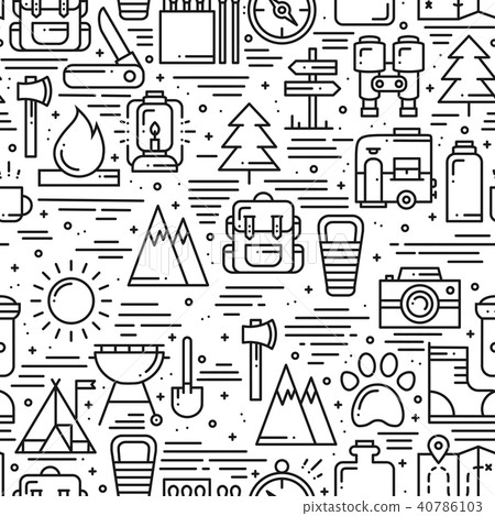 Hiking and Camping Seamless Pattern in Line... - Stock Illustration ...