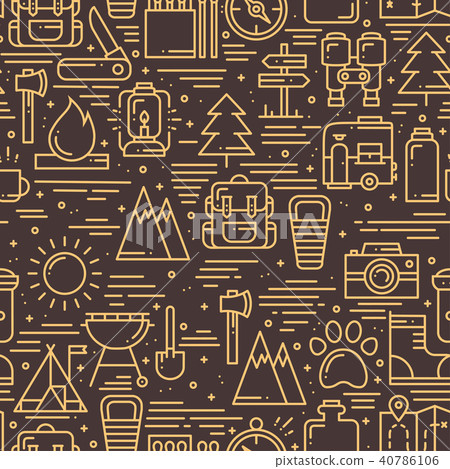 Hiking and Camping Seamless Pattern in Line... - Stock Illustration ...