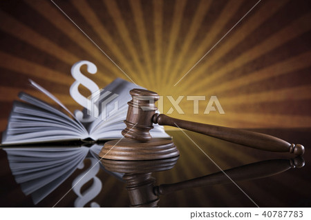 Book, law theme, mallet of judge, wooden gavel 40787783