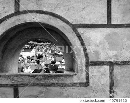 city view through stone openning window city view through stone openning window 40791510