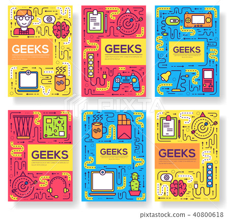 it geeks vector brochure cards thin line set. 40800618