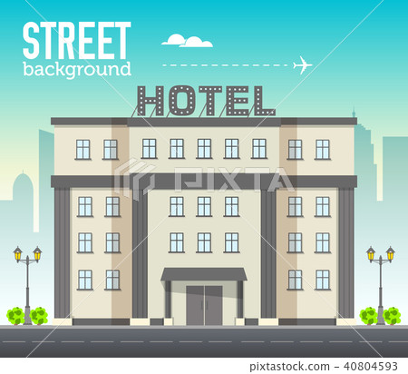Hotel building in city space with road on flat 40804593