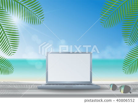 Laptop on wooden desk at the beach 40806552