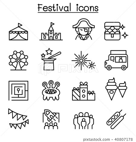 Amusement park & Festival icon set in thin line st Amusement park & Festival icon set in thin line st 40807178