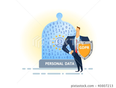 GDPR and online security. Shielded man protecting glass dome with digital and personal data. Flat GDPR and online security. Shielded man protecting glass dome with digital and personal data. Flat 40807213