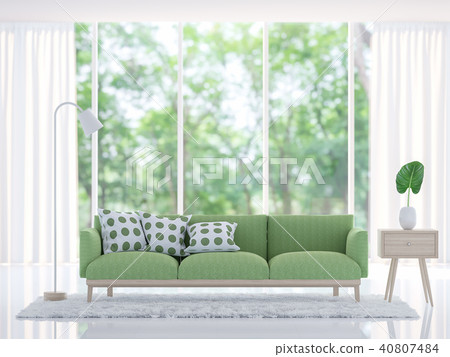 Modern White Living Room With Green Sofa Render