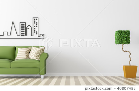 Modern White Living Room With Green Sofa Render
