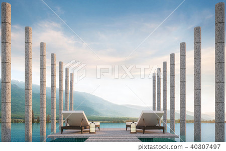 Swimming pool terrace with mountain view 3d render Swimming pool terrace with mountain view 3d render 40807497